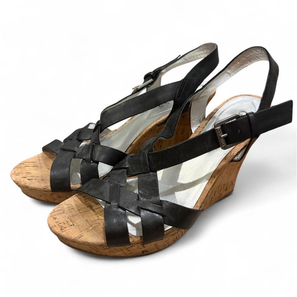 Guess Black Strappy Cork Wedge Sandals Ankle Strap Platform Heels